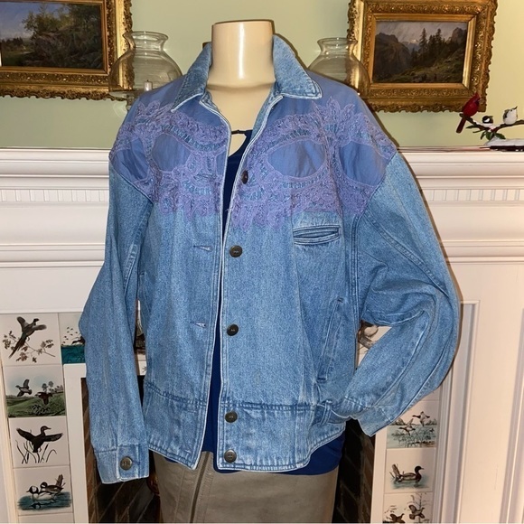 TOGETHER brand, lacy denim jacket in size Missy large. Trendy retro chic. - Picture 2 of 11